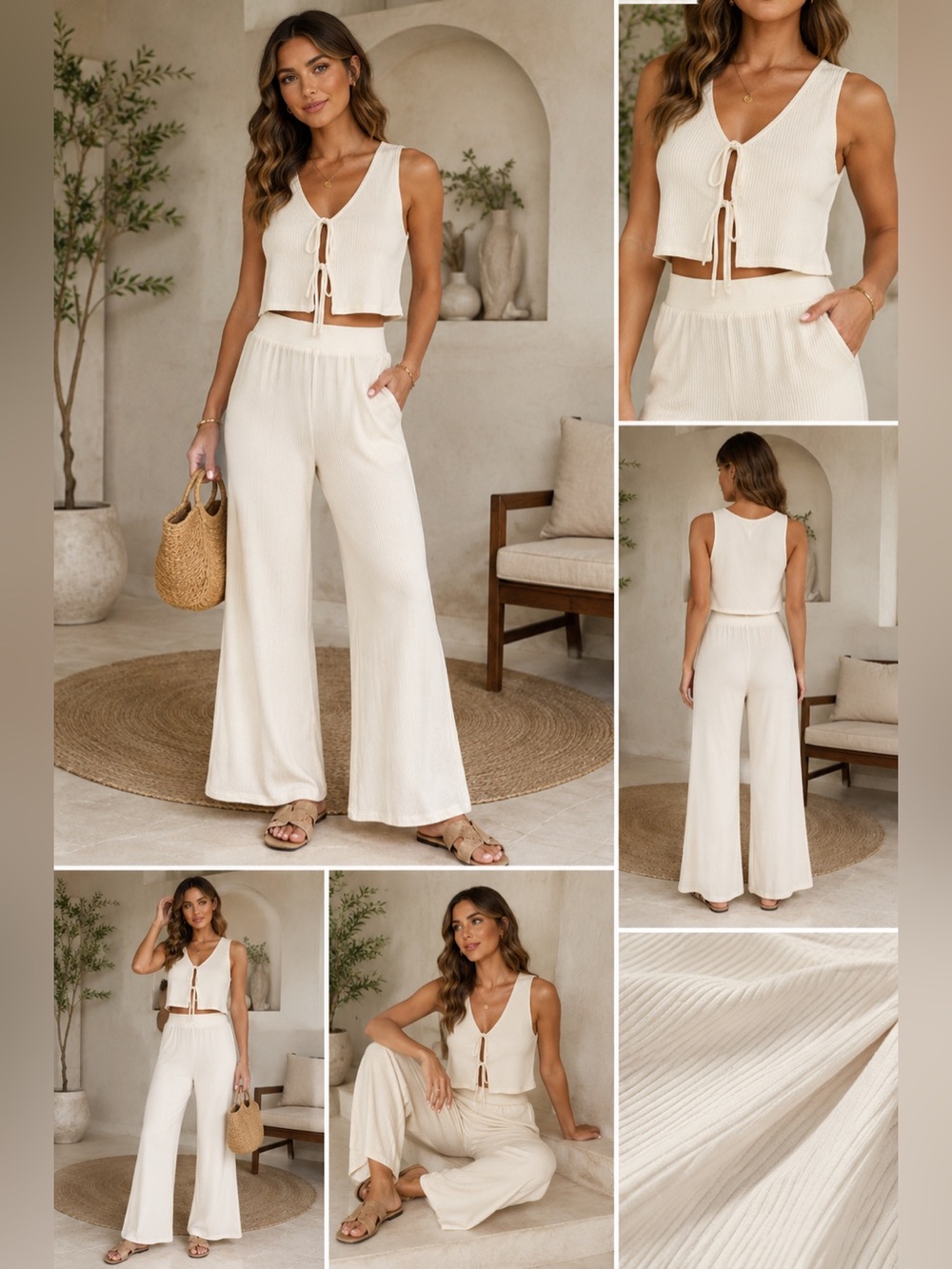 Sensea by Elan Vanilla Cream Ribbed Tie Front Lounge Set Wide Leg Pants M